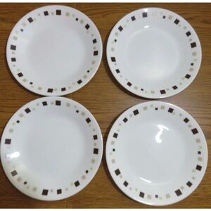 Corelle White Dinner Plates with Brown and Green Square Design